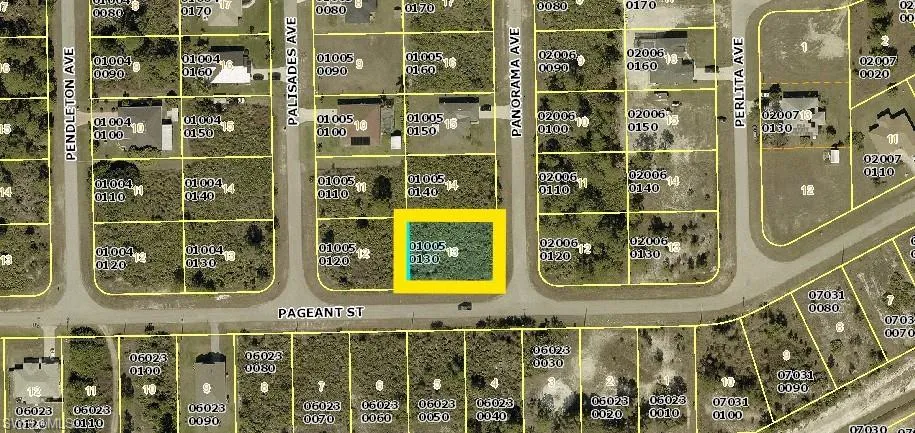Aerial map of property and surrounding area featuring property boundaries highlighted