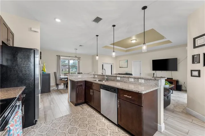 Kitchen with a tray ceiling, dark brown cabinets, a sink, stainless steel appliances, and open floor plan