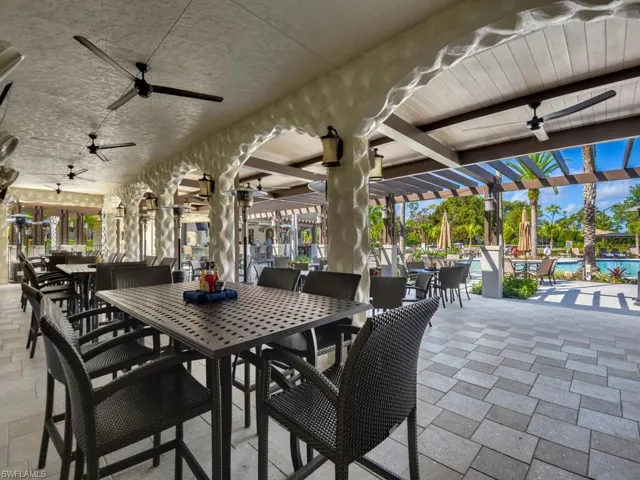 View of patio / terrace featuring ceiling fan, outdoor dining area, and a community pool