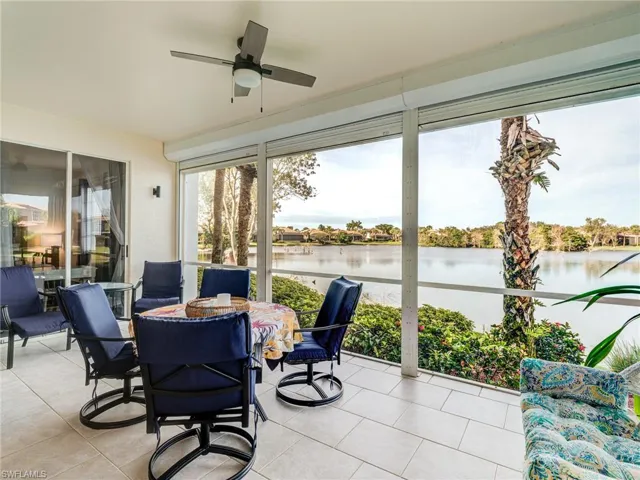 Direct water view from this screened and fully tiled lanai.  Note the storm shutters.