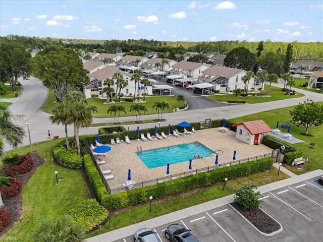 Aerial view of residential area with a pool