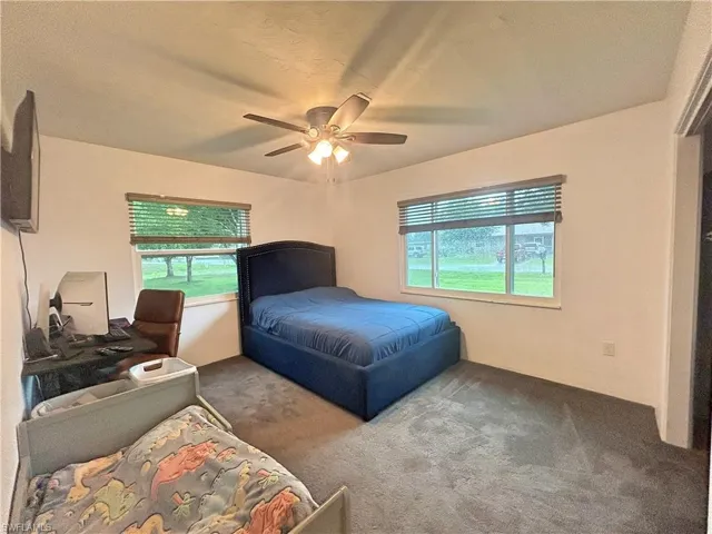 Carpeted bedroom featuring multiple windows and ceiling fan