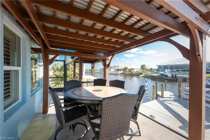View of patio with a water view and a dock