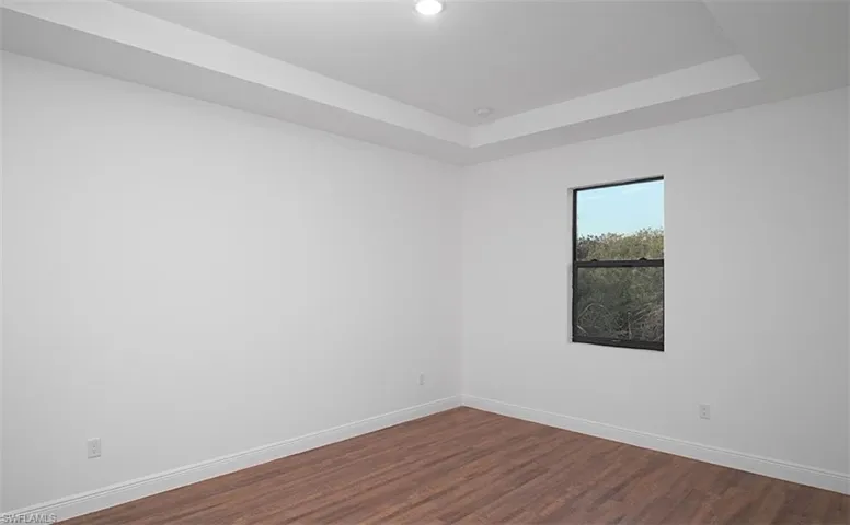Empty room featuring dark wood finished floors and a raised ceiling
