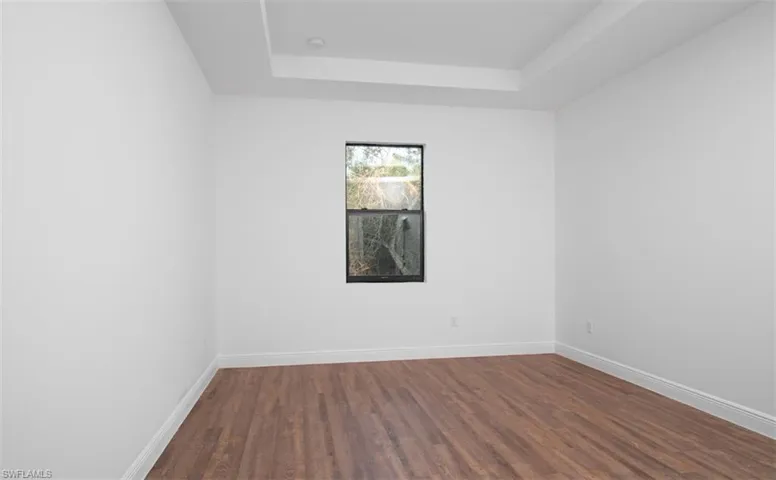 Spare room with dark wood finished floors and a raised ceiling