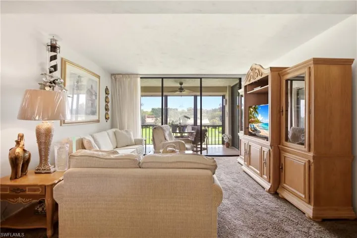Living area featuring plush carpeting, a built-in entertainment center with display cabinets, and access to an outdoor screened-in balcony