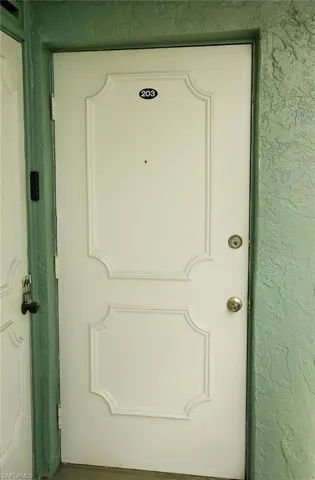 White paneled entry door with brass hardware