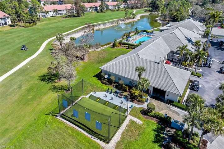 Aerial view of a nearby body of water and a golf course