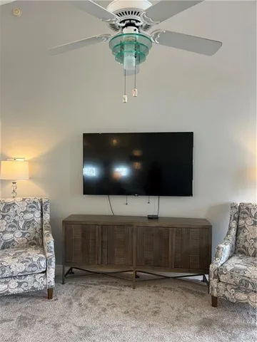 Light-toned wall-to-wall carpeting complements the neutral wall color