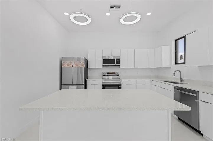 Kitchen with visible vents, a sink, a kitchen island, white cabinetry, and appliances with stainless steel finishes
