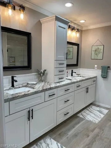Bathroom with hardwood / wood-style floors, vanity, and ornamental molding