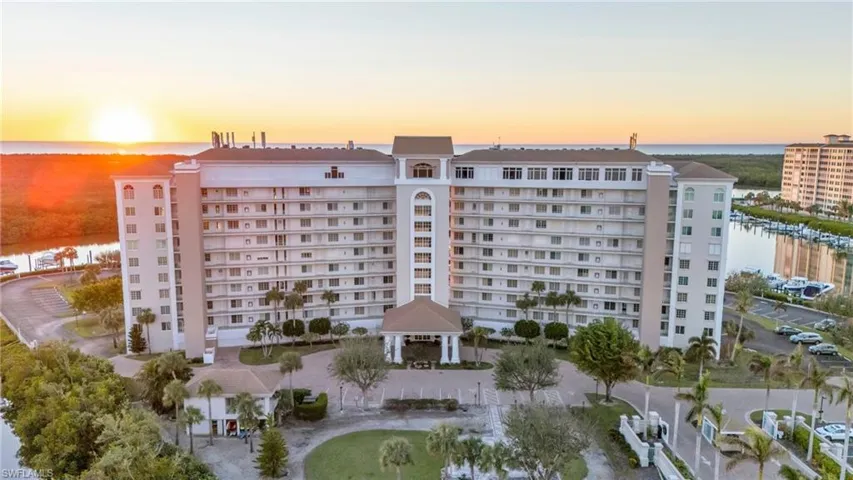 Outdoor building at dusk with a water view