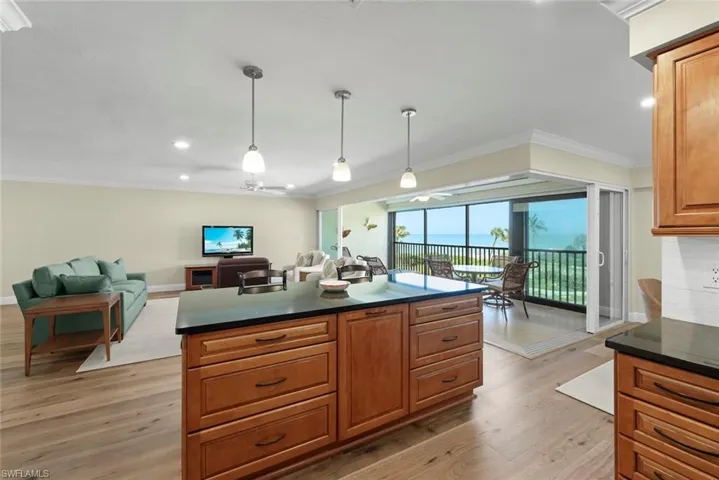 Wood-finish flooring extends through this open-concept living space, featuring a kitchen island with storage and pendant lighting
