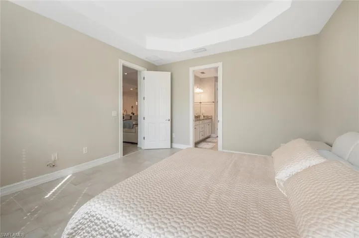 Bedroom with a raised ceiling and connected bathroom