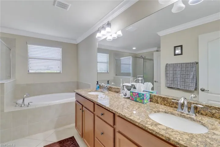 Bathroom featuring ornamental molding, vanity, plus walk in shower, and tile patterned floors