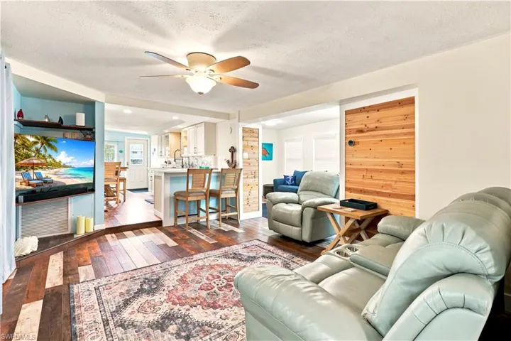 Wood-finish flooring throughout the living area