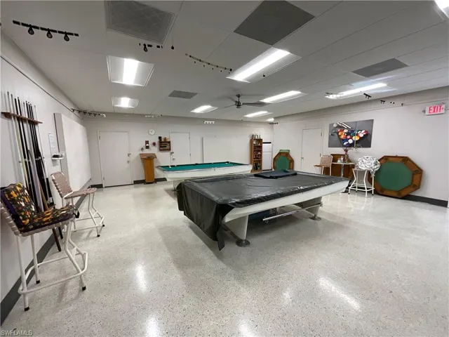 Game room featuring light speckled floor, a drop ceiling, billiards, and visible vents