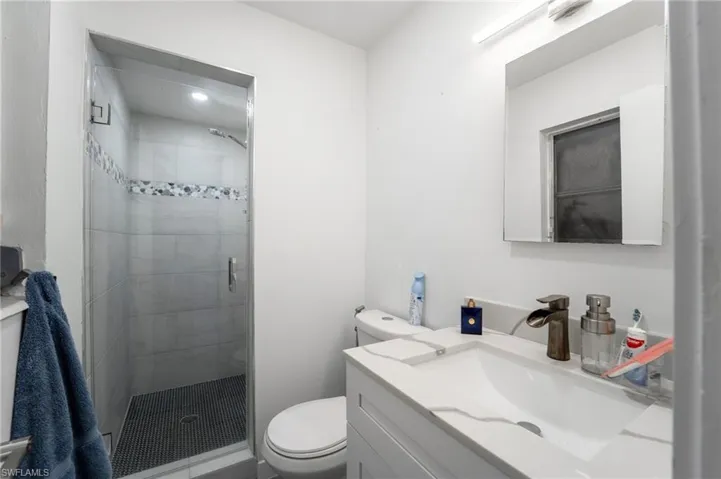 Bathroom featuring vanity, toilet, and walk in shower