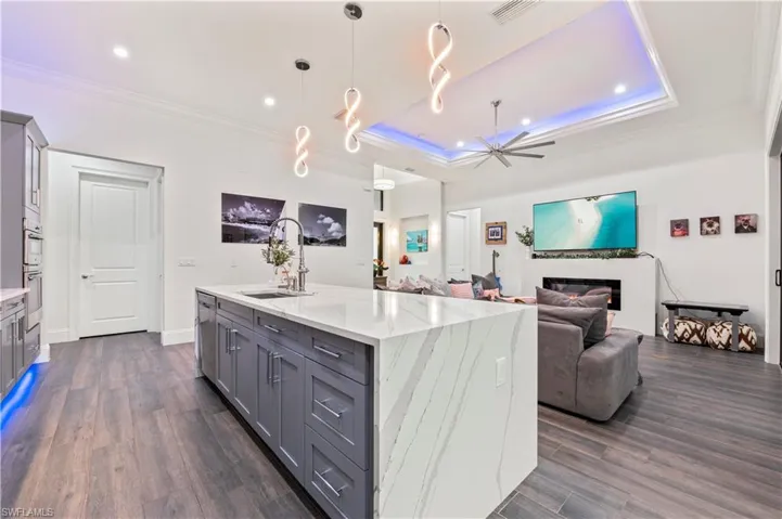 Kitchen featuring gray cabinets, a sink, dark wood-type flooring, crown molding, and a raised ceiling