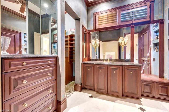 Bathroom featuring vanity, ornamental molding, a walk in closet, and a chandelier