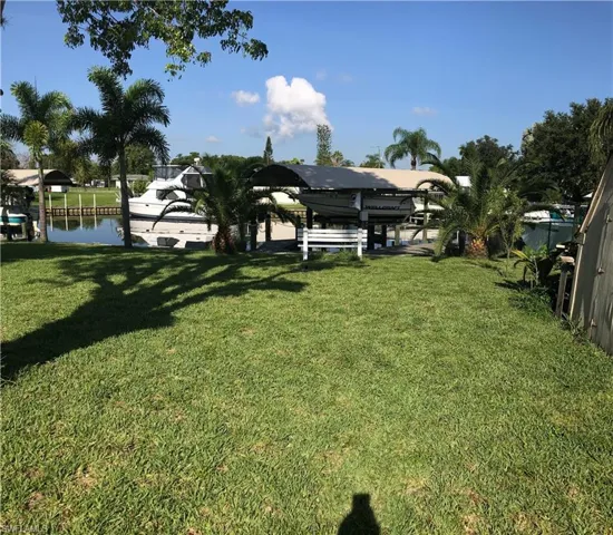 Expansive grassy yard with mature palm trees