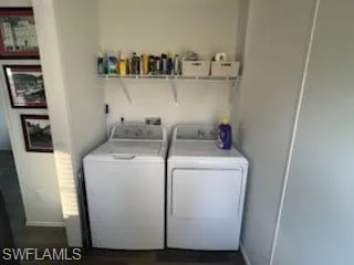 Laundry area featuring washing machine and dryer and dark wood-style flooring