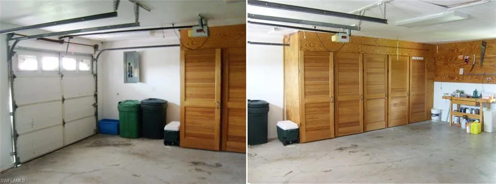 2 door oversized Garage featuring electric panel and a garage door opener