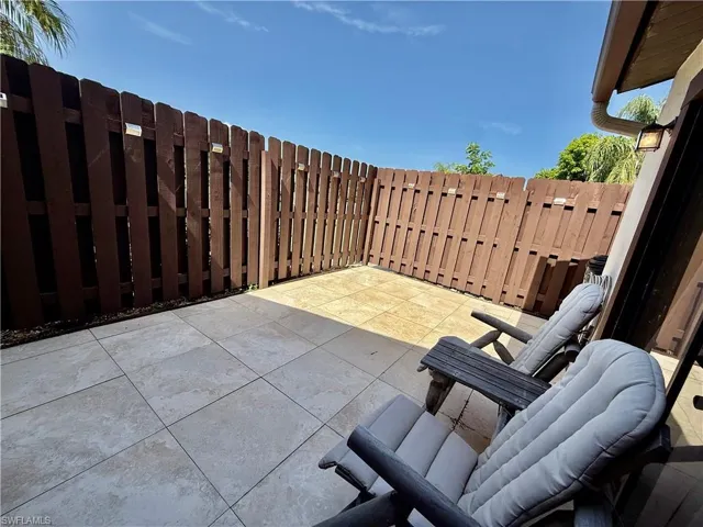 Patio deck with tiled floors.