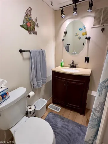 Bathroom with vanity, curtained shower, and track lighting