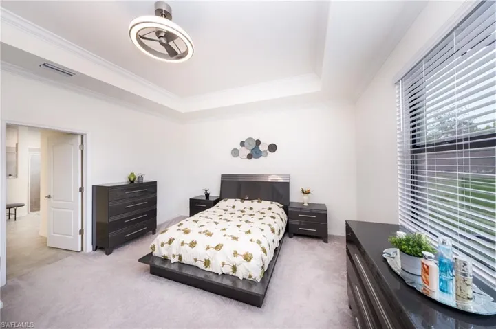 Carpeted Master bedroom with a raised tray ceiling