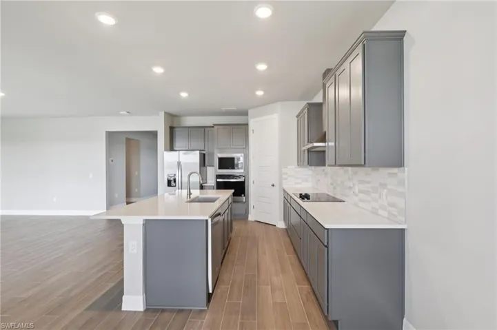 Kitchen featuring gray cabinets, light wood-style floors, stainless steel appliances, and recessed lighting