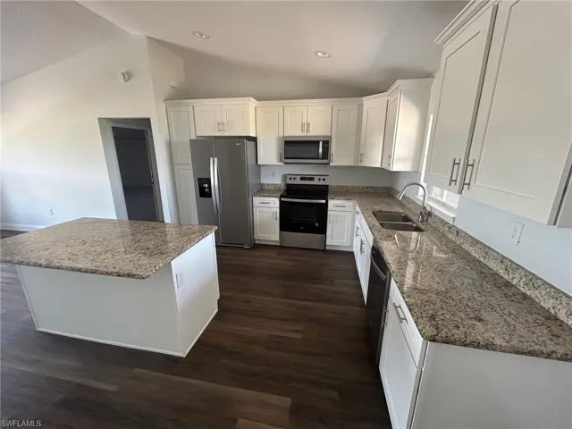 Kitchen with dark hardwood / wood-style floors, sink, a kitchen island, and appliances with stainless steel finishes