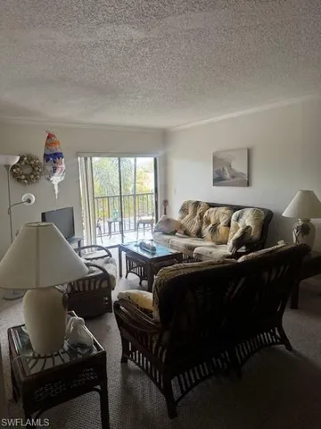 Carpeted living area with ornamental molding and a textured ceiling