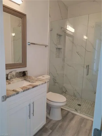 Bathroom featuring vanity, walk in shower, toilet, and wood-type flooring