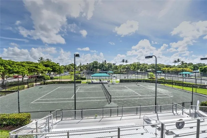 View tennis court with stands for seating