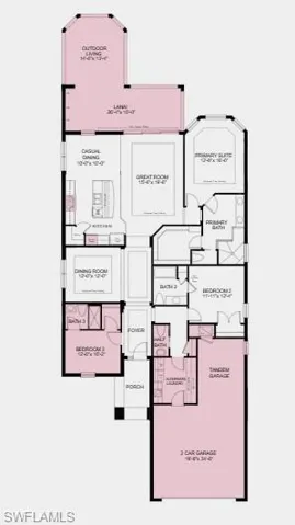 Additional highlights include: 10ft ceilings, an additional bedroom with an attached full bathroom, tandem garage, pocket sliding door in the great room, gourmet kitchen, covered lanai, an outdoor kitchen rough-in, and impact windows.