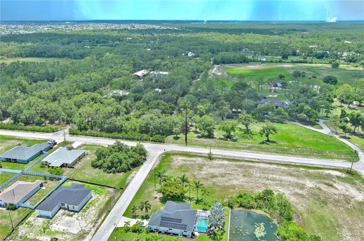 Aerial perspective of suburban area with a large body of water and a heavily wooded area