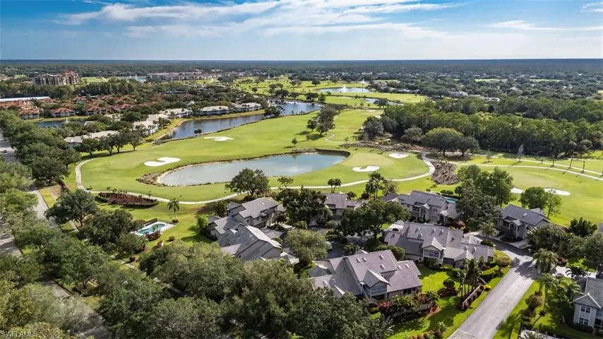 Aerial view featuring view of golf course, a water view, and a residential view