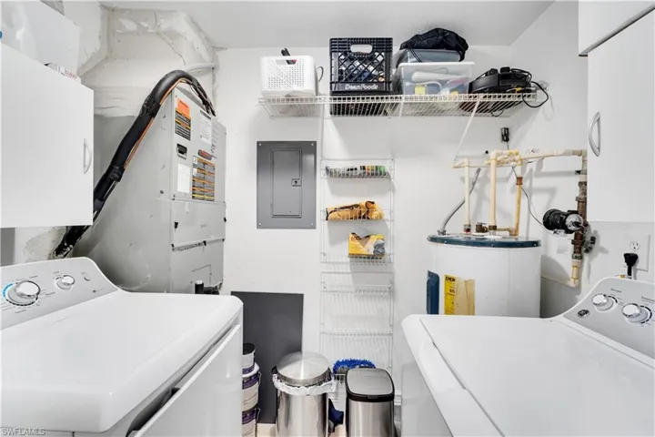 Washroom featuring washer / dryer, electric panel, water heater, and heating unit