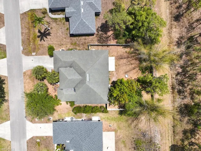Overhead shot showcasing home placement, surrounding greenery, and private backyard.