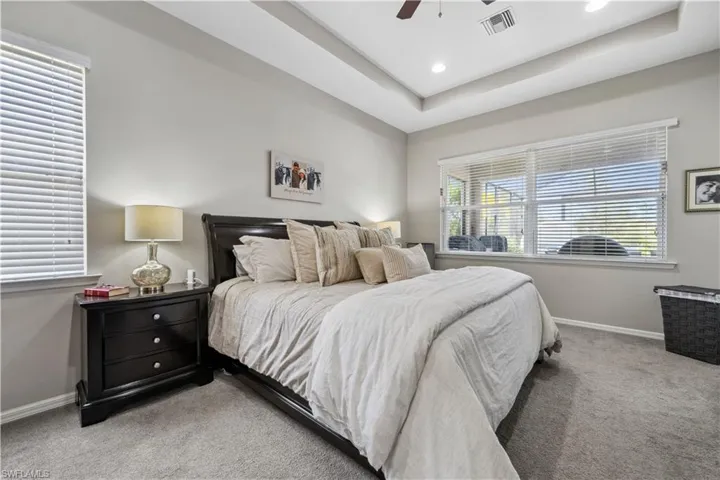 Carpeted bedroom with a tray ceiling and ceiling fan