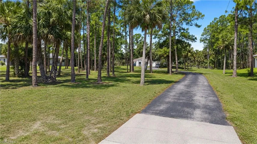 Paved driveway surrounded by mature palm trees and lush green lawn, offering a secluded setting