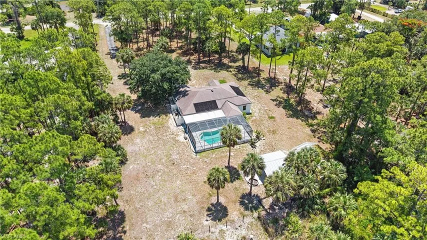 Expansive property featuring a single-story residence, a screened-in swimming pool, a private driveway, and mature landscaping including palm trees and diverse foliage