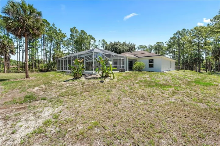 Expansive property featuring a screened enclosure, mature palm trees, and established pine trees