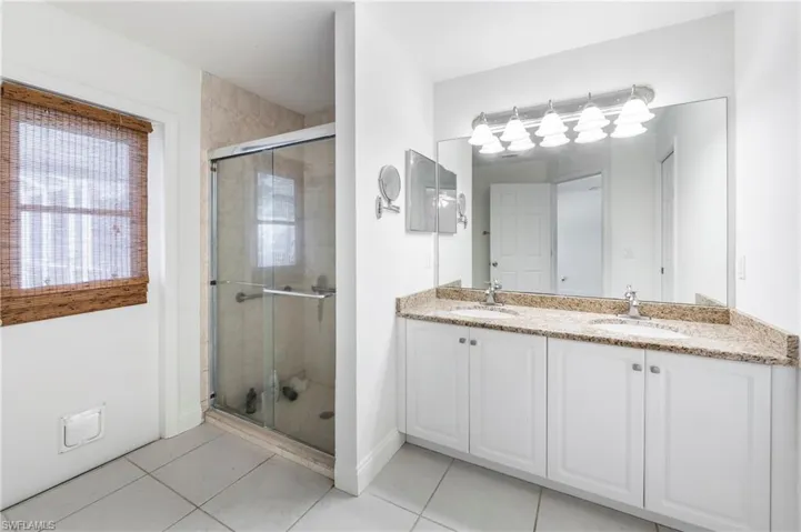 Bathroom featuring a dual vanity with granite countertops, undermount sinks, and white cabinetry