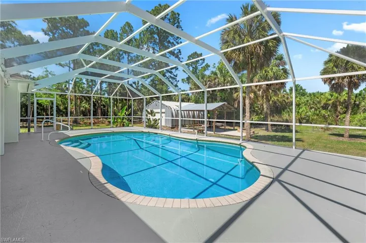 Screened-in pool area featuring a freeform pool, integrated steps, and a spacious concrete deck