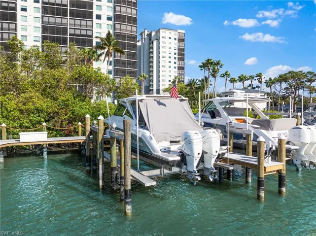 Dock area featuring boat lift and a water view