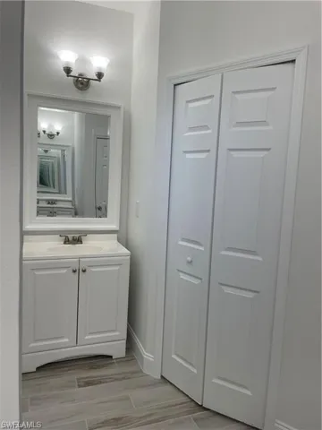 Bathroom featuring wood-type flooring and vanity