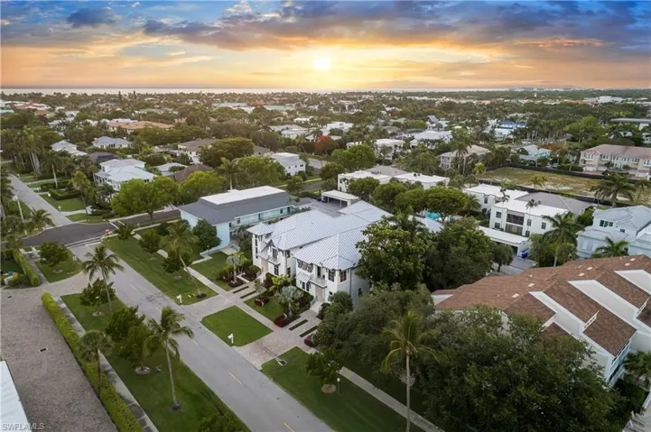 Aerial view at dusk of a residential view