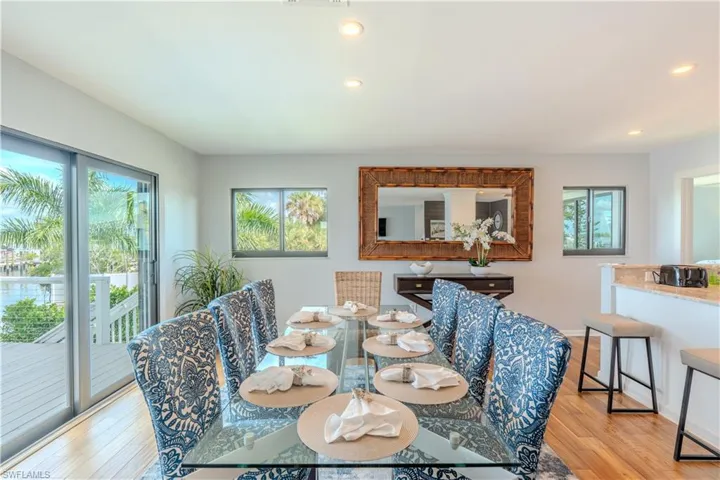 Dining space featuring light wood flooring and recessed lighting - Virtually Edited Image